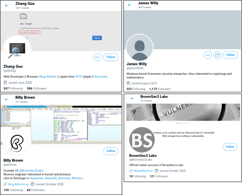 A screenshot of 4 actor controlled Twitter profiles: @z0x55g, @james0x40, @br0vvnn and @BrownSec3Labs