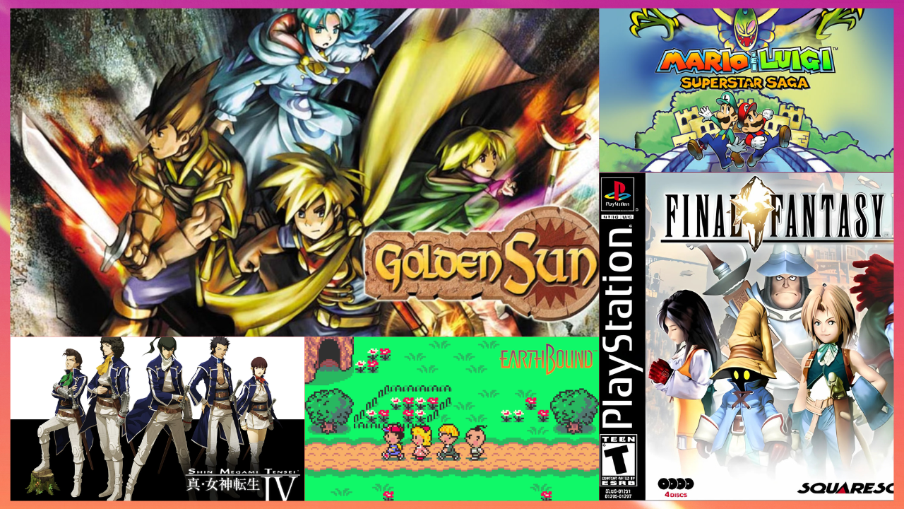 A collage of four video game covers. In the top left is the cover for Final Fantasy IX on the PlayStation, showing characters like Zidane and Garnet. To its right is the cover for Final Fantasy XIV: A Realm Reborn, featuring a warrior in dark armor with a sword and shield. Below that is the cover for Tales of the Abyss for the PlayStation 2, depicting the main character, Luke fon Fabre, and his companions. In the bottom right is the cover for Super Mario RPG: Legend of the Seven Stars on the Super Nintendo, featuring Mario, Bowser, Princess Peach, and Mallow in a battle stance. A small purple ghost is in the bottom left.