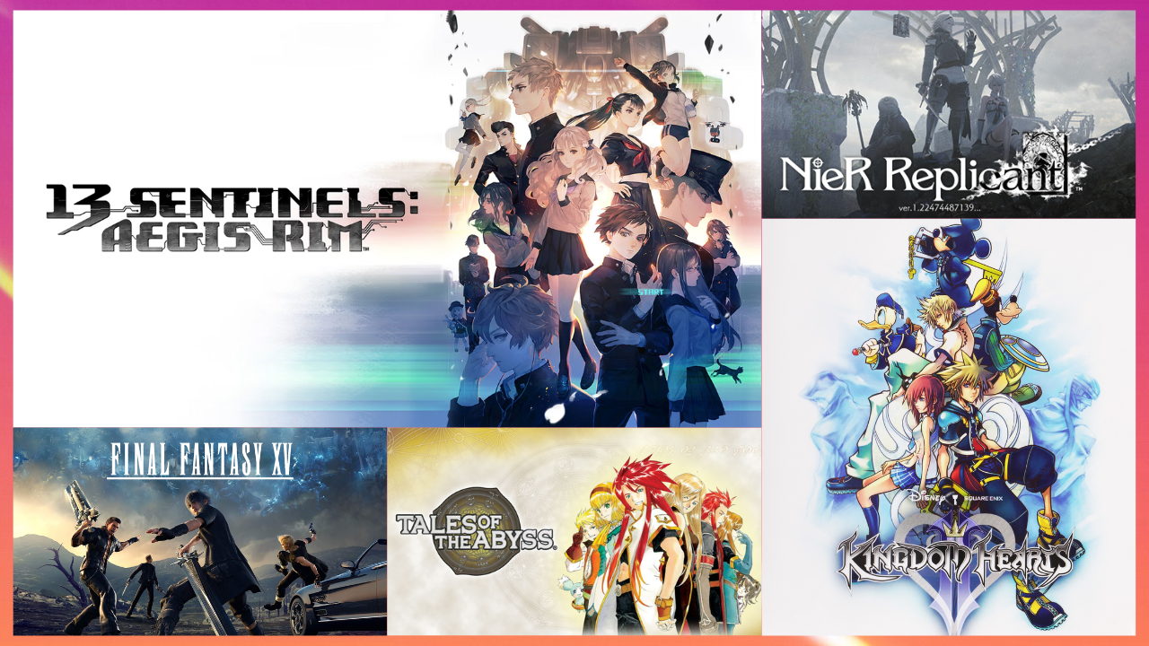 A collage of four video game covers. In the top left is the cover for Final Fantasy IX on the PlayStation, showing characters like Zidane and Garnet. To its right is the cover for Final Fantasy XIV: A Realm Reborn, featuring a warrior in dark armor with a sword and shield. Below that is the cover for Tales of the Abyss for the PlayStation 2, depicting the main character, Luke fon Fabre, and his companions. In the bottom right is the cover for Super Mario RPG: Legend of the Seven Stars on the Super Nintendo, featuring Mario, Bowser, Princess Peach, and Mallow in a battle stance. A small purple ghost is in the bottom left.