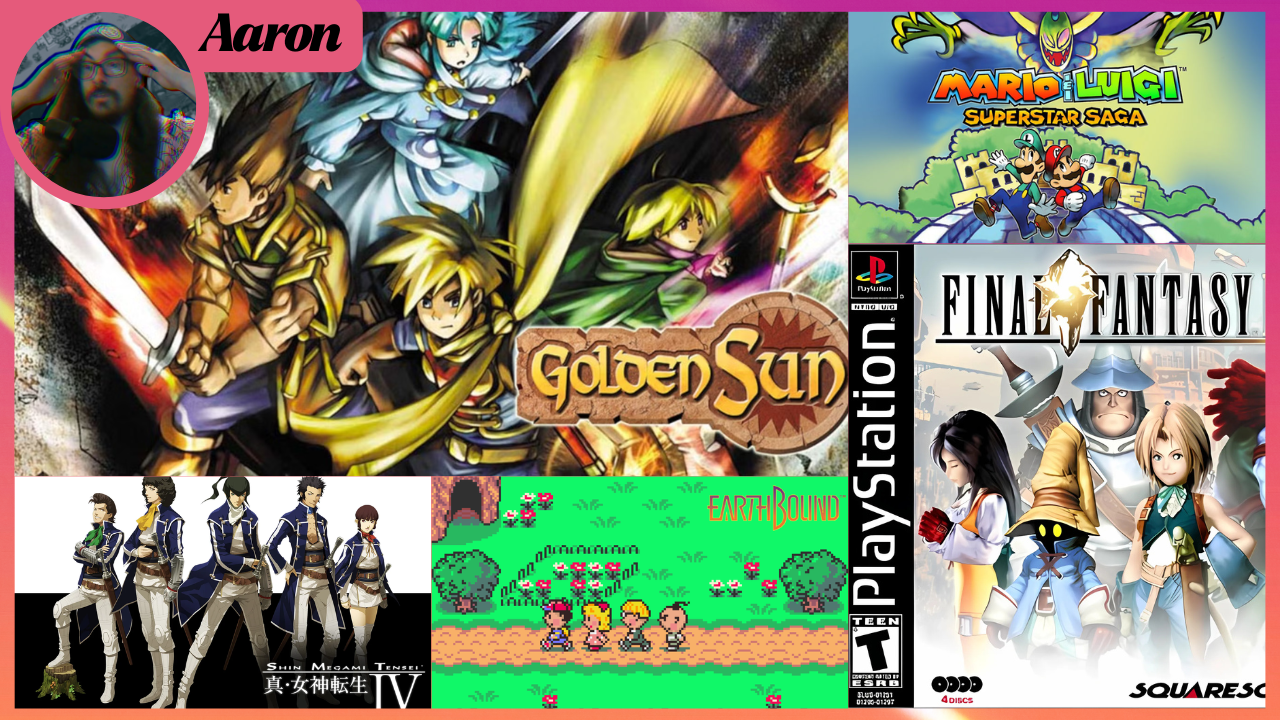 
A collage of four video game covers. In the top left is the cover for Final Fantasy IX on the PlayStation, showing characters like Zidane and Garnet. To its right is the cover for Final Fantasy XIV: A Realm Reborn, featuring a warrior in dark armor with a sword and shield. Below that is the cover for Tales of the Abyss for the PlayStation 2, depicting the main character, Luke fon Fabre, and his companions. In the bottom right is the cover for Super Mario RPG: Legend of the Seven Stars on the Super Nintendo, featuring Mario, Bowser, Princess Peach, and Mallow in a battle stance. A small purple ghost is in the bottom left.