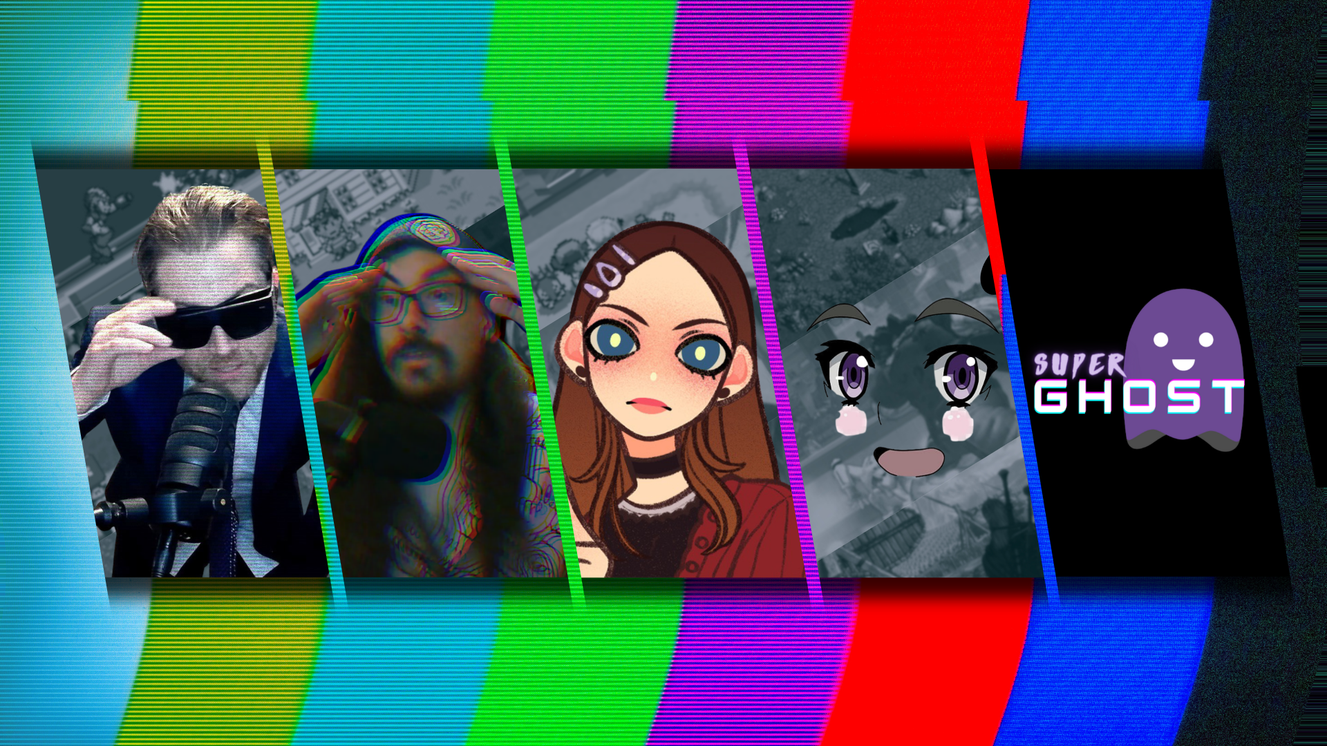 Banner
image for Super Ghost, featuring images of each host on top of a gray grid with their favorite games.