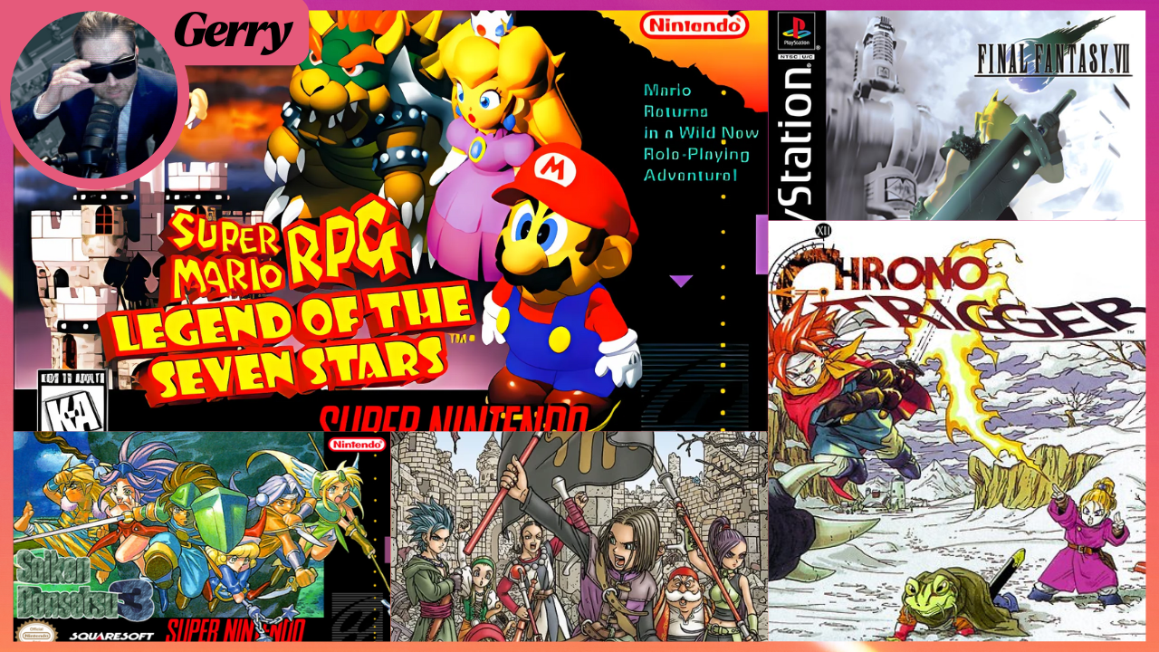 
A collage of four video game covers. In the top left is the cover for Final Fantasy IX on the PlayStation, showing characters like Zidane and Garnet. To its right is the cover for Final Fantasy XIV: A Realm Reborn, featuring a warrior in dark armor with a sword and shield. Below that is the cover for Tales of the Abyss for the PlayStation 2, depicting the main character, Luke fon Fabre, and his companions. In the bottom right is the cover for Super Mario RPG: Legend of the Seven Stars on the Super Nintendo, featuring Mario, Bowser, Princess Peach, and Mallow in a battle stance. A small purple ghost is in the bottom left.