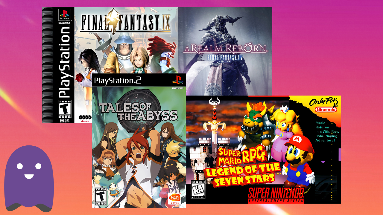 A collage of four video game covers. In the top left is the cover for Final Fantasy IX on the PlayStation, showing characters like Zidane and Garnet. To its right is the cover for Final Fantasy XIV: A Realm Reborn, featuring a warrior in dark armor with a sword and shield. Below that is the cover for Tales of the Abyss for the PlayStation 2, depicting the main character, Luke fon Fabre, and his companions. In the bottom right is the cover for Super Mario RPG: Legend of the Seven Stars on the Super Nintendo, featuring Mario, Bowser, Princess Peach, and Mallow in a battle stance. A small purple ghost is in the bottom left.