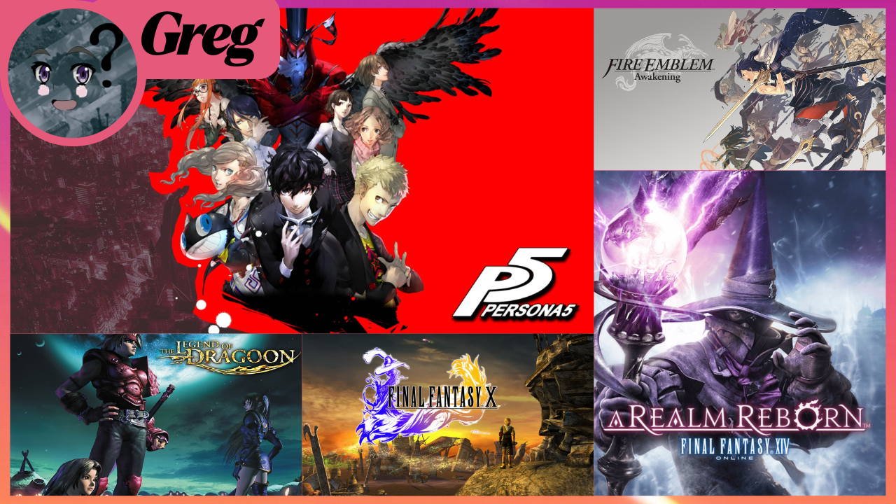 
A collage of video game covers with a pink border. In the top-left corner, there is a circular icon with an anime-style face and the name “Greg” written beside it. Below that is the cover art for Persona 5, showing the main cast of characters against a bright red background with the logo 