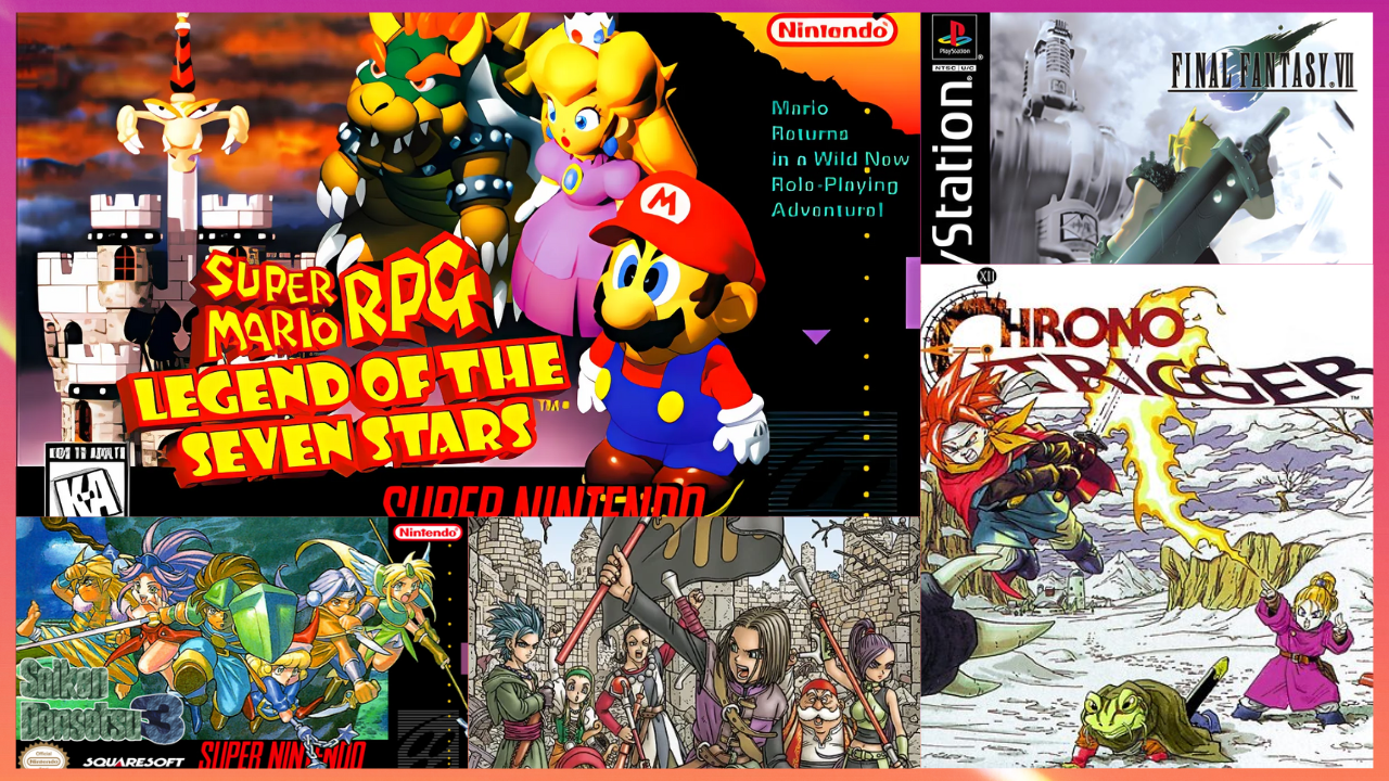 A collage of four video game covers. In the top left is the cover for Final Fantasy IX on the PlayStation, showing characters like Zidane and Garnet. To its right is the cover for Final Fantasy XIV: A Realm Reborn, featuring a warrior in dark armor with a sword and shield. Below that is the cover for Tales of the Abyss for the PlayStation 2, depicting the main character, Luke fon Fabre, and his companions. In the bottom right is the cover for Super Mario RPG: Legend of the Seven Stars on the Super Nintendo, featuring Mario, Bowser, Princess Peach, and Mallow in a battle stance. A small purple ghost is in the bottom left.